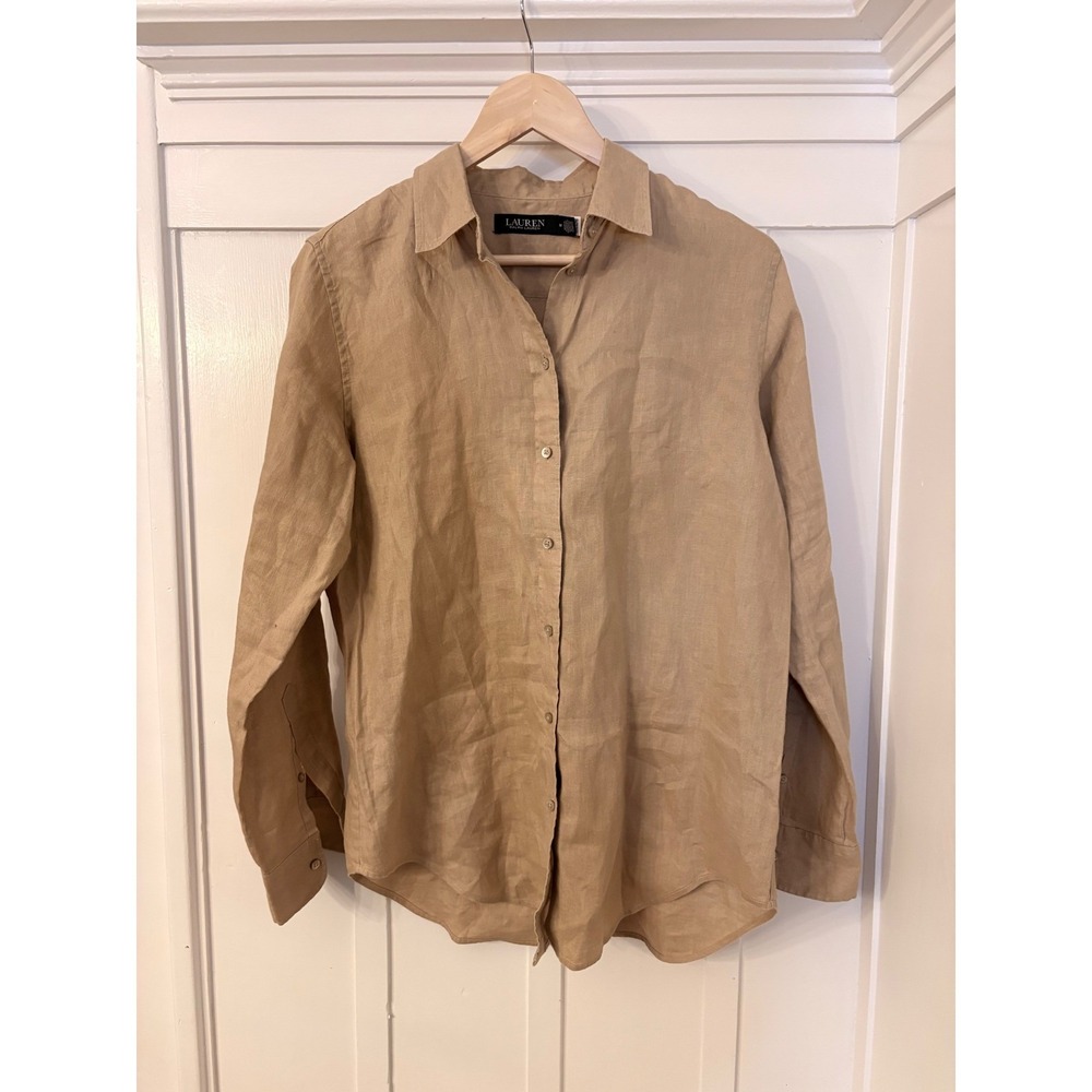 Lauren Ralph Lauren Linen Shirts Tan Roll Tab Button Down Womens Medium NEW